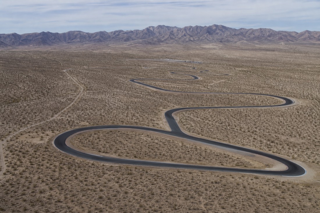 Aerial view of a winding desert racetrack south of Las Vegas