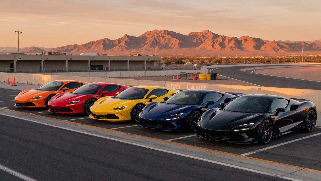 Row of exotic supercars in the pit lane at the Las Vegas track